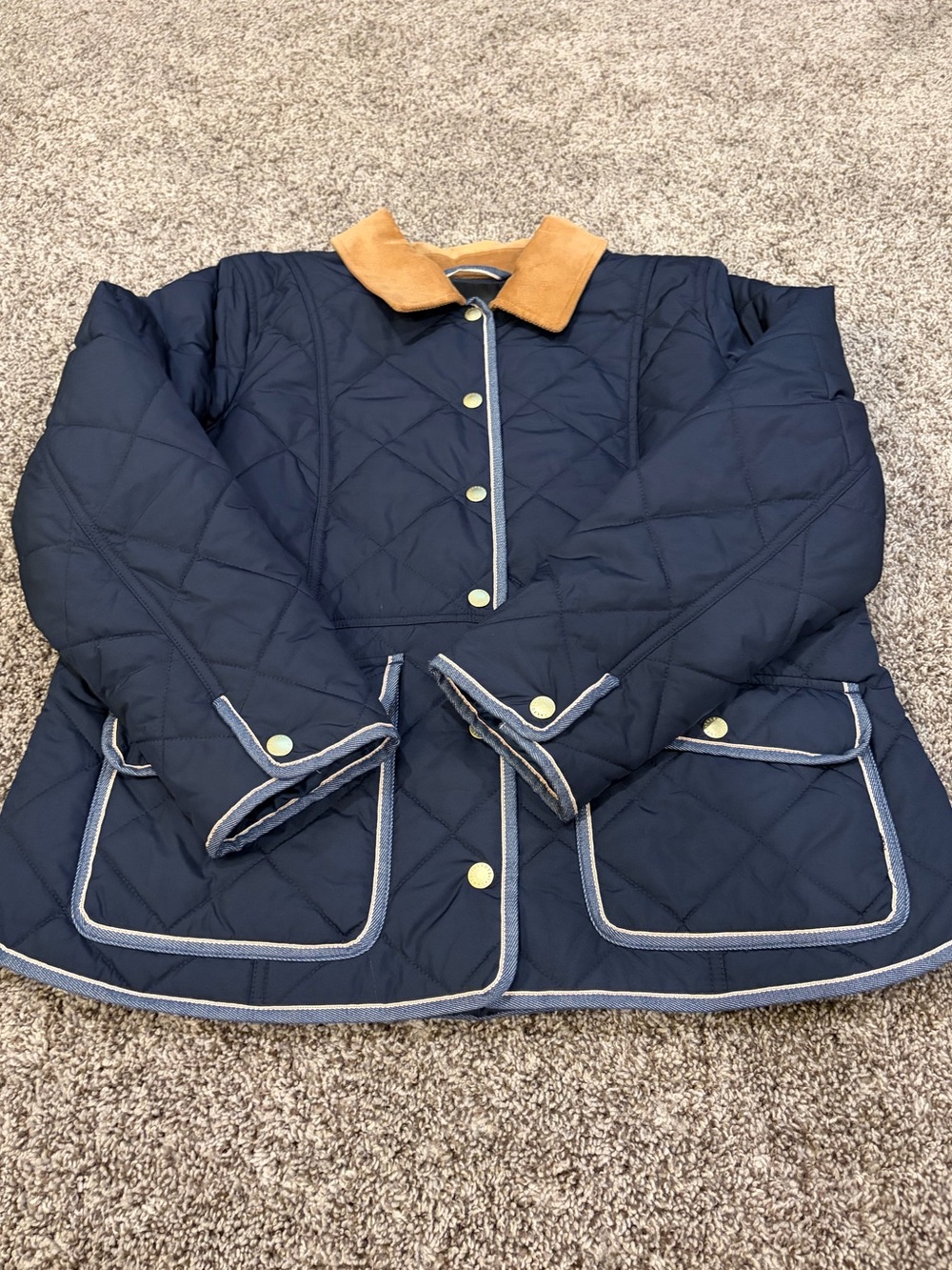 Talbots Navy Quilted Puffer Jacket with Tan Collar- never worn